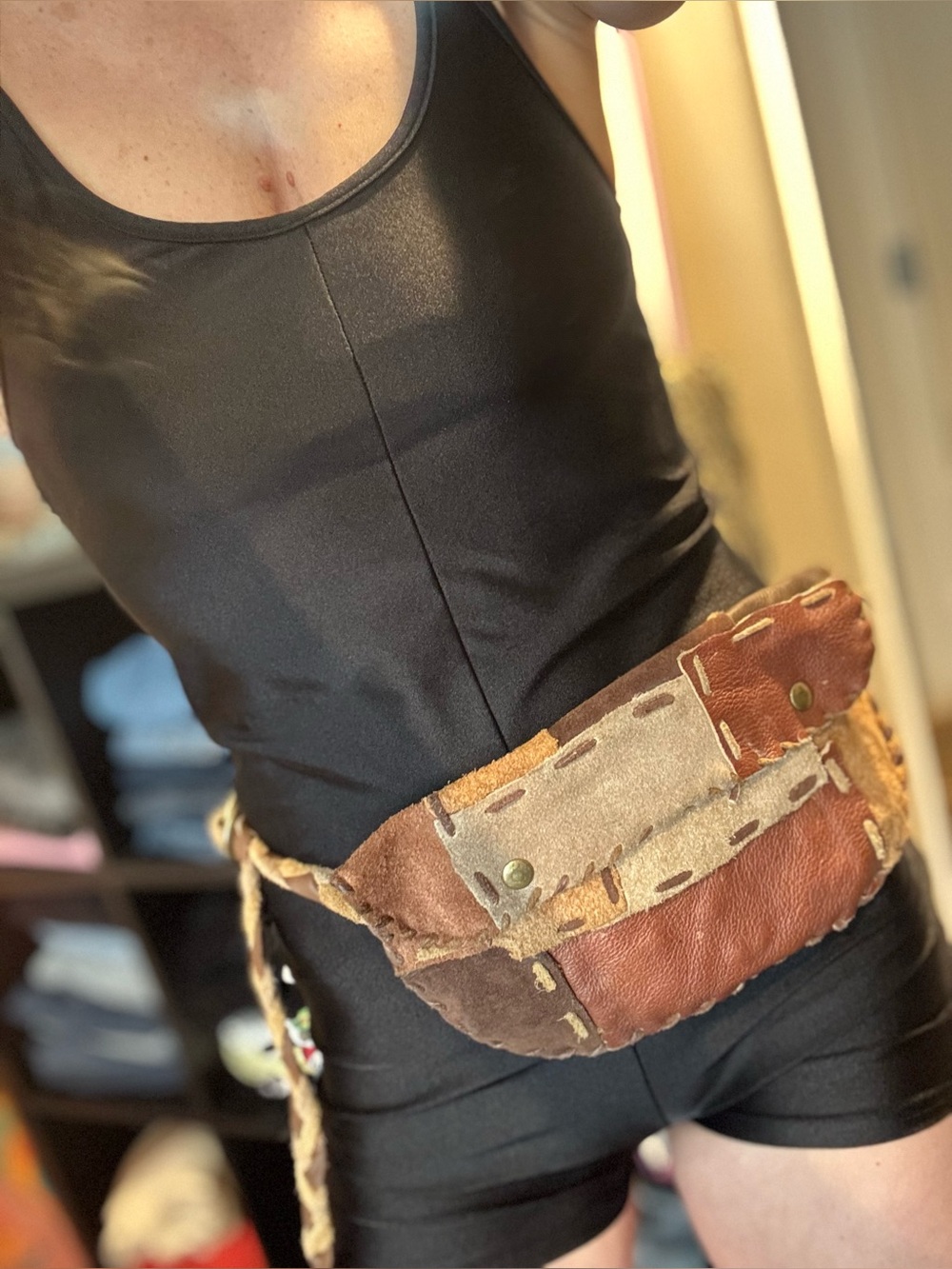 Patchwork Leather Waist Bag - Brown & Tan